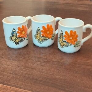 Vintage Butterfly And Flower 60s 70s Set Of Three Coffee Mug Or Tea Cups